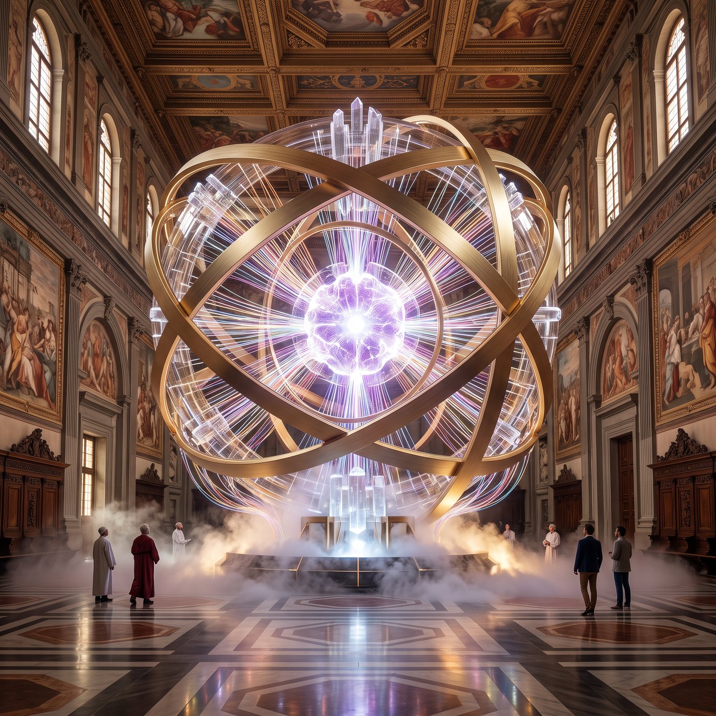 A colossal sphere of golden rings with a glowing AI entity of white and violet light at its heart