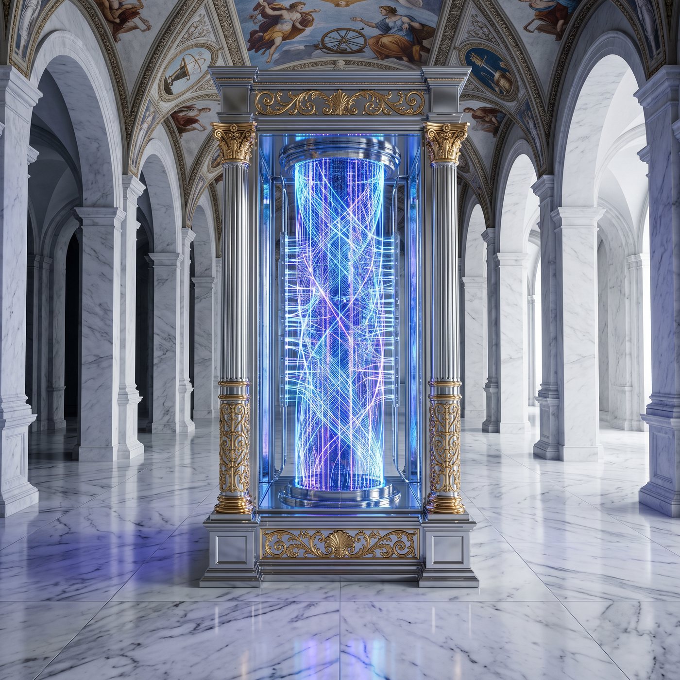 A glowing quantum stream core inside a gilded Renaissance frame in a marble hall
